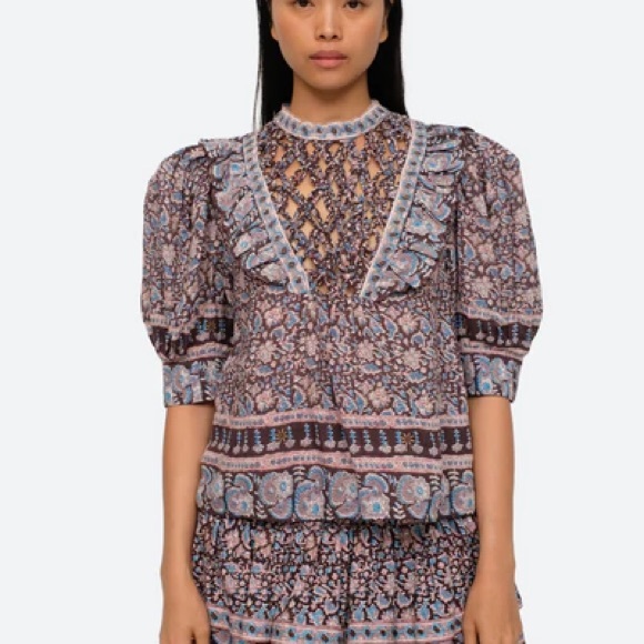 Sea New York Tops - Sea New York Amaki Printed Smocked Puff Sleeve Top Medium Boho Ruffle